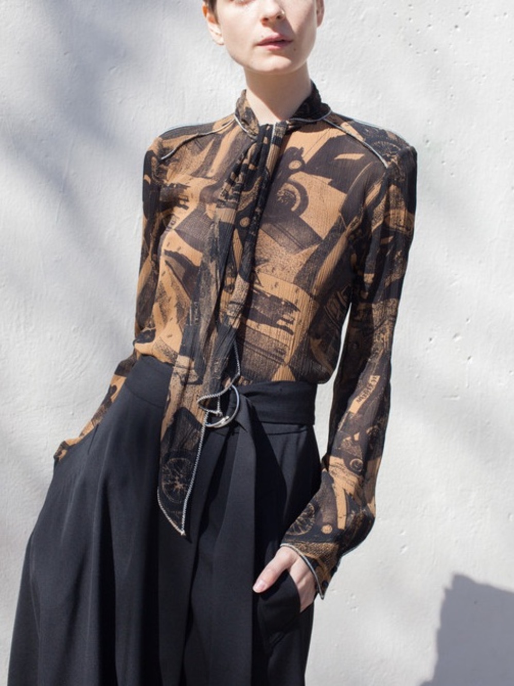 NWT Veronique Leroy Crepon Long Abstract Blouse in Congac